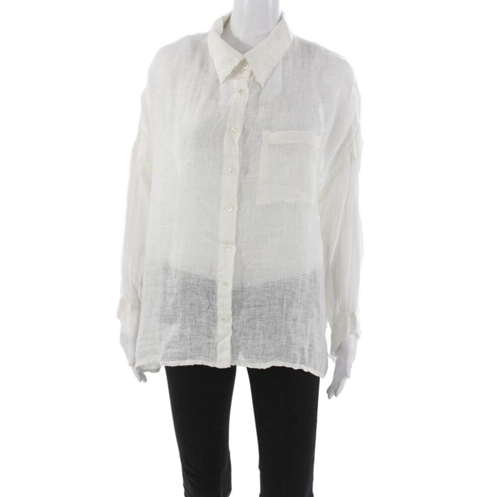 Dolma Women Button Up Linen Top White Collared Long Sleeve Size M